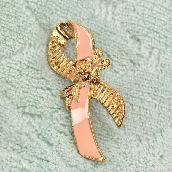 Gold & Peach Ribbon Awareness Pin With Rose and Gold Rose Lapel Pin Set JE360 - Picture 6 of 6